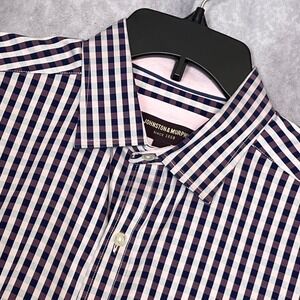 Johnston & Murphy Mens Large Gingham Check Button Down Shirt Pink Navy Flip Cuff